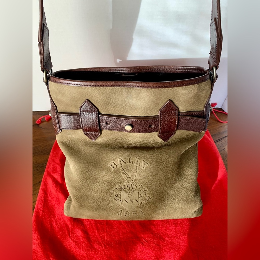 Bally ONE season and LIMITED olive green suede/brown leather shoulder/crossbody